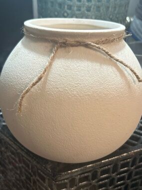 Textured White Round Terra cotta Ceramic Vase with Twine Accent